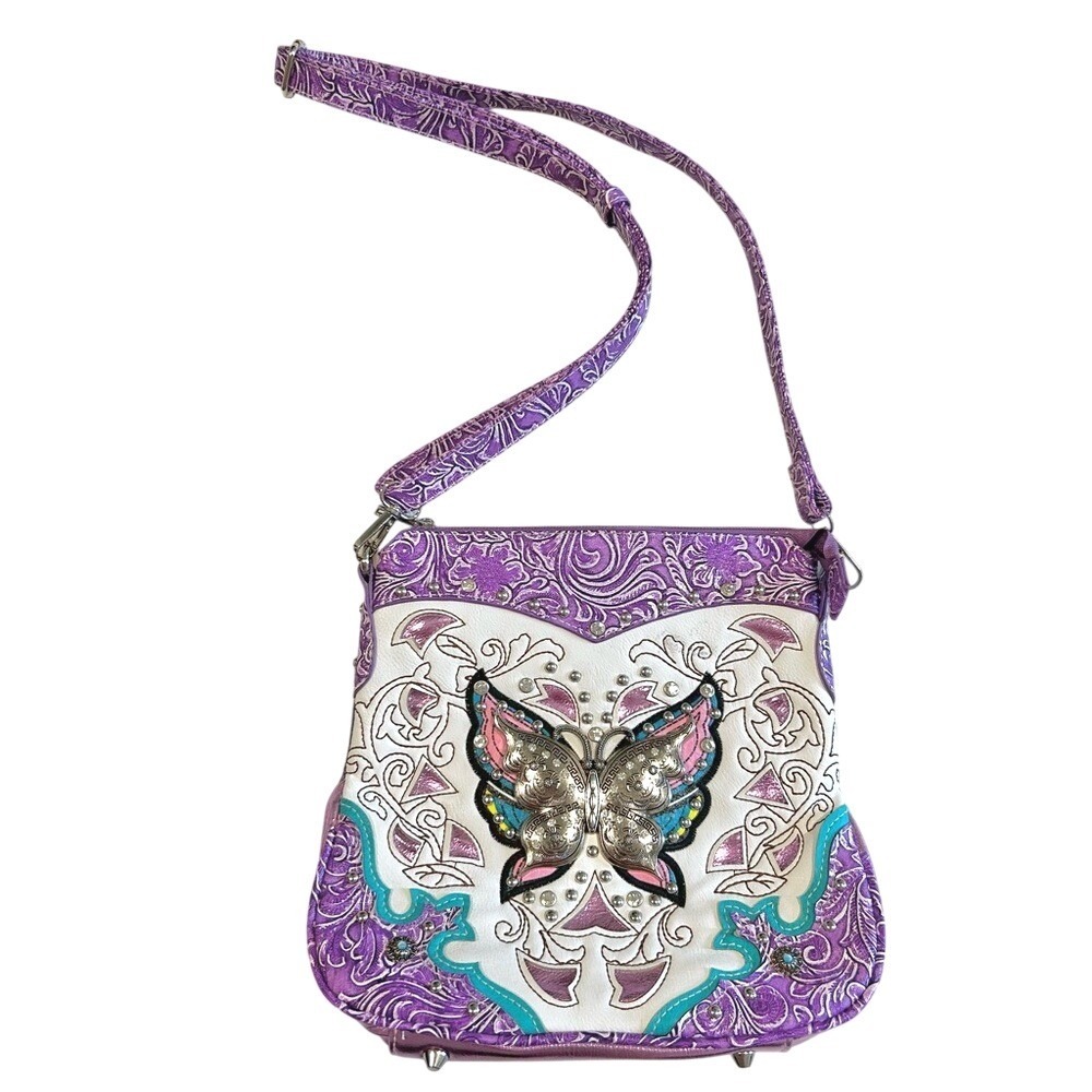 Montana West Purple Butterfly Tooled Concealed Carry Crossbody Bag Rhinestone